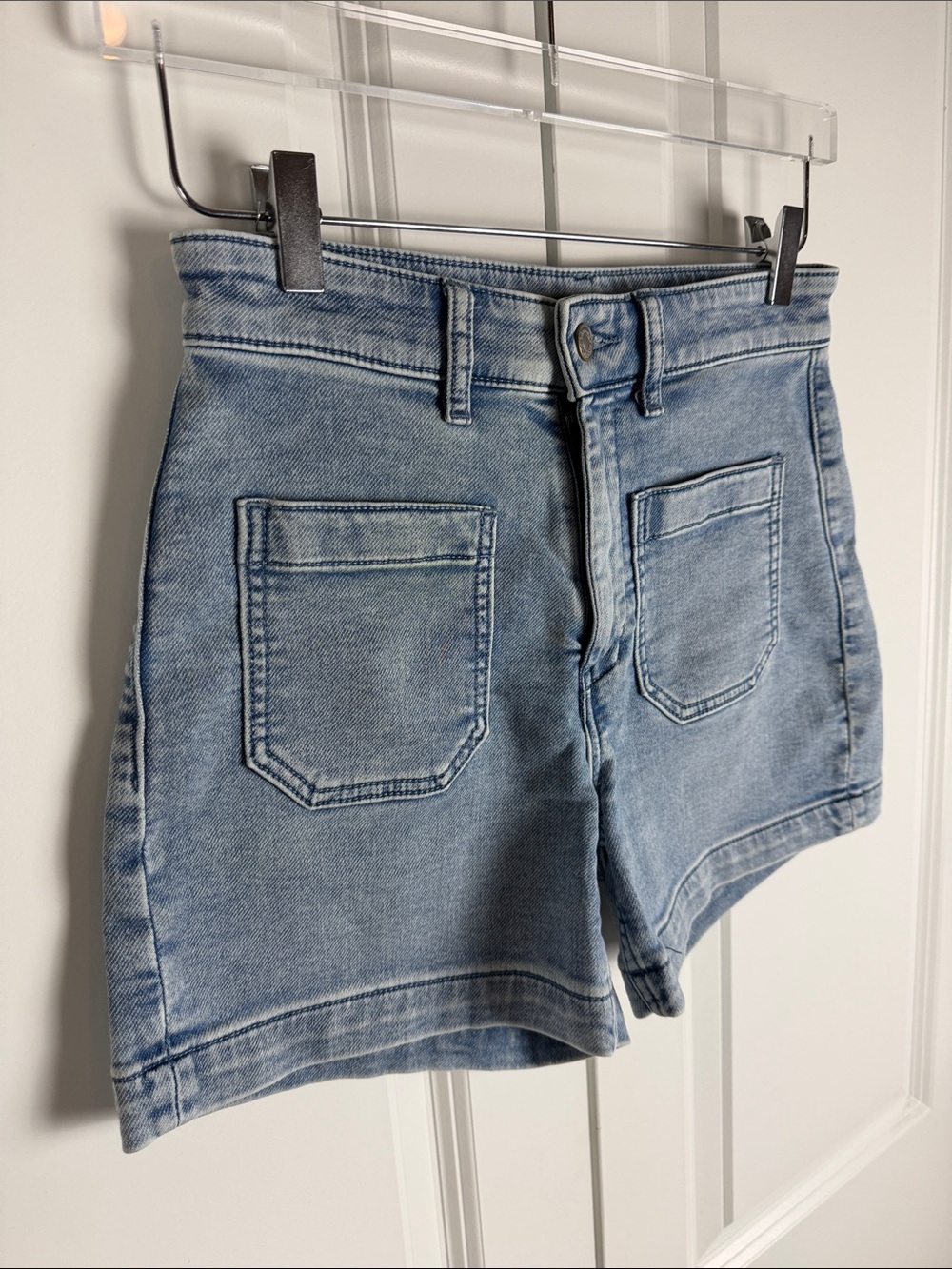 FAHERTY Stretch Terry Patch Pocket Light Blue High-Rise Denim Shorts - Picture 5 of 8